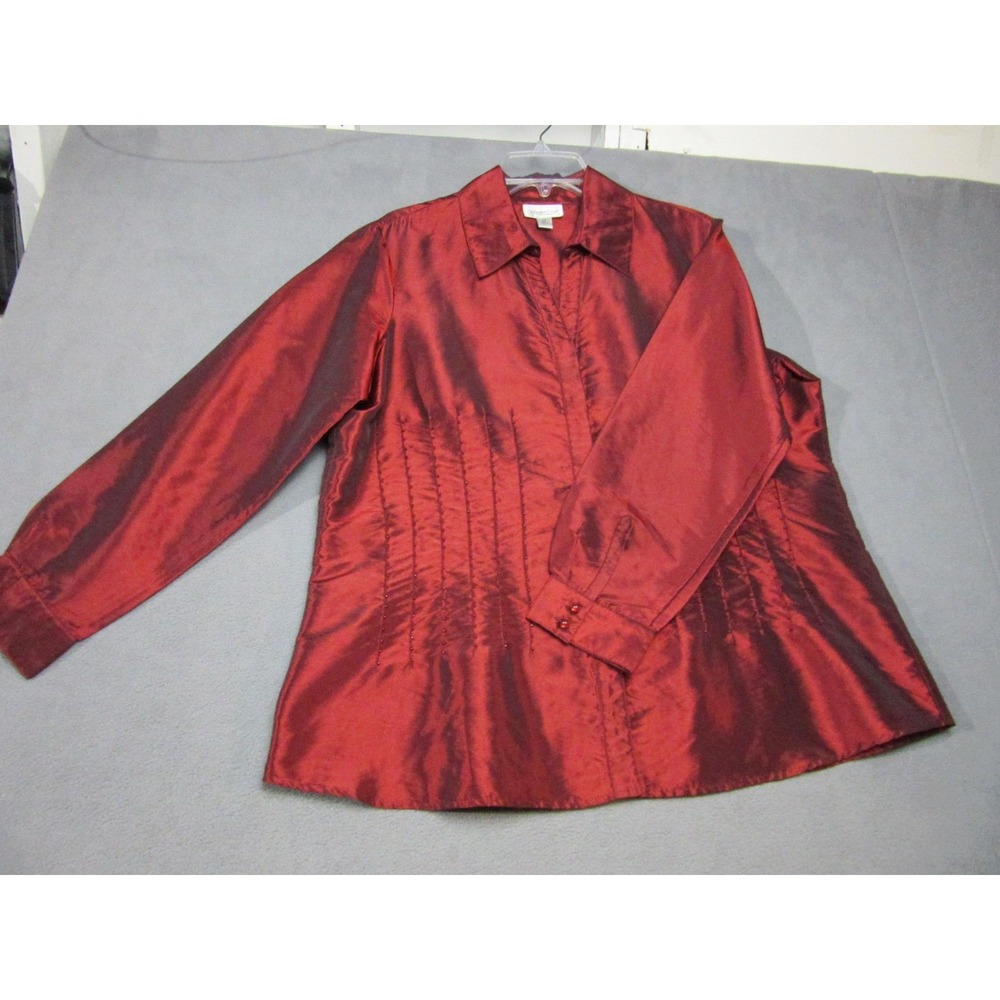 Coldwater Creek Blouse Womens 1X Red Satin Beaded Long Sleeve Tunic Top Party